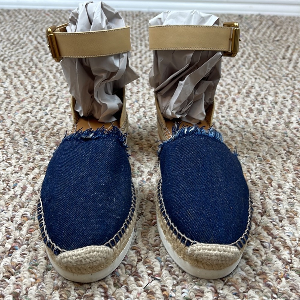 See By Chloe Navy Denim and Tan Espadrille Ankle-Strap Flats - Picture 3 of 11